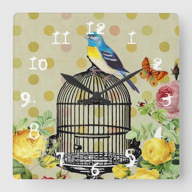 Horloge Carrée Éphémère Cage à Oiseaux Florale Granny Chic  (Recto)