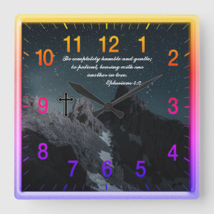 Horloge Carrée Éphésiens 4:2 Prière de foi chrétienne