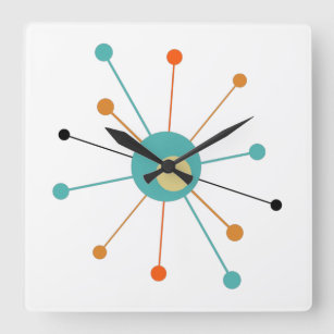 Horloge Carrée Époque atomique turquoise Orange Début mi-siècle