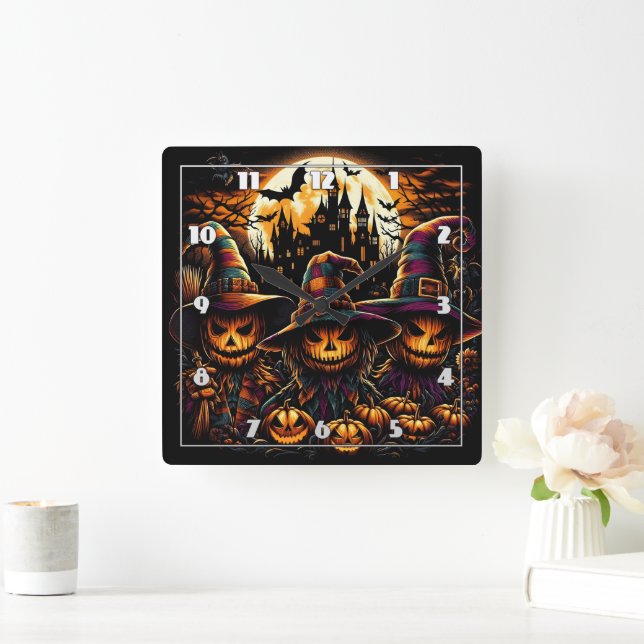 Horloge Carrée Épouvantails d'Halloween éffrayants avec citrouill (Maison)