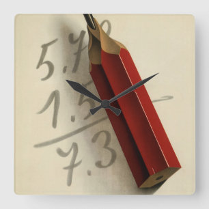 Horloge Carrée Équation mathématique avec crayon rouge, Vintage