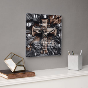 Horloge Carrée Esaïe 41:10 Croix de Jésus sculptée