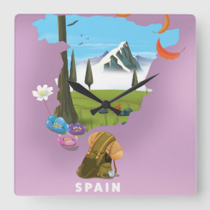Horloge Carrée Espagne Carte illustrée affiche de voyage