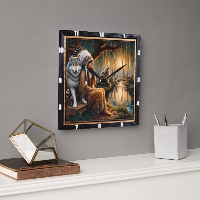 Horloge Carrée Esprit autochtone : Cercle de pierre rêve encore (Bureau)