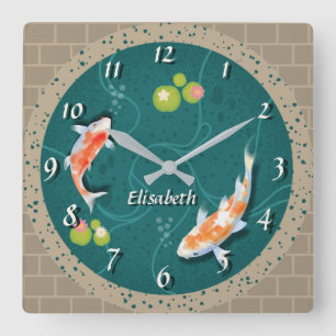 Horloge Carrée Étang réaliste de poissons Koi japonais verts 