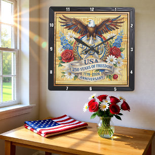 Horloge Carrée États-Unis 250 Ans Florale de la Liberté