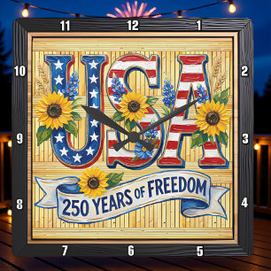 Horloge Carrée États-Unis 250 Ans Liberté Tournesol