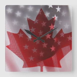 Horloge Carrée États-Unis et Canada flags clock