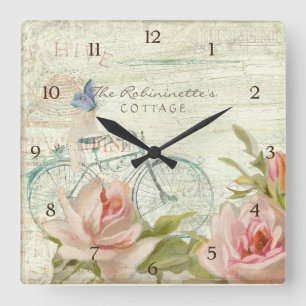Horloge Carrée Été au Cottage Rose Bicycle Butterfly Bees