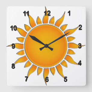 Horloge Carrée Été jaune et orange rayonnant Sun