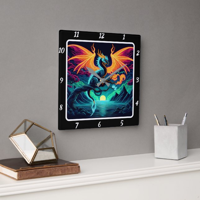Horloge Carrée Eternal Blaze Neon Dragon (Bureau)