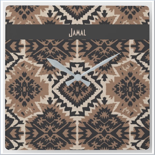 Horloge Carrée Ethnic Tribal Mudcloth Black & Tan (Créateur téléchargé)