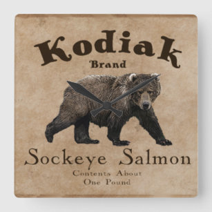 Horloge Carrée Étiquette Saumon vintage Kodiak (Ours)