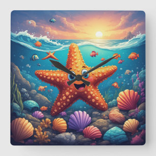 Horloge Carrée Étoile de mer souriante mignonne sur la plage dess