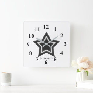 Horloge Carrée Étoile personnalisée noir et blanc