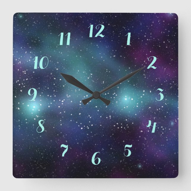 Horloge Carrée Étoiles dans l'espace nébuleuse violette bleue ver (Recto)