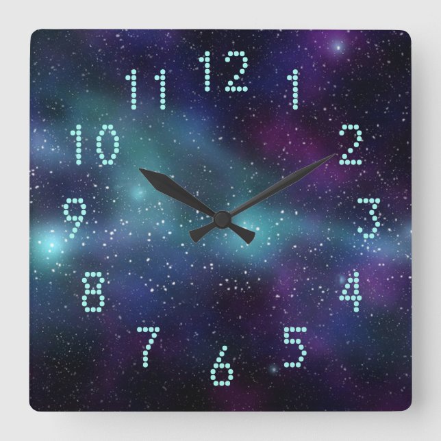 Horloge Carrée Étoiles dans l'espace violet bleu vert points numé (Recto)