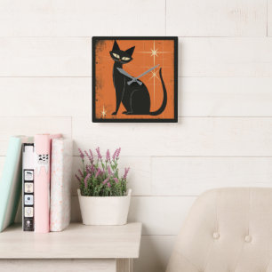 Horloge Carrée Étoiles de chat noir vintage Retro MCM Orange noir