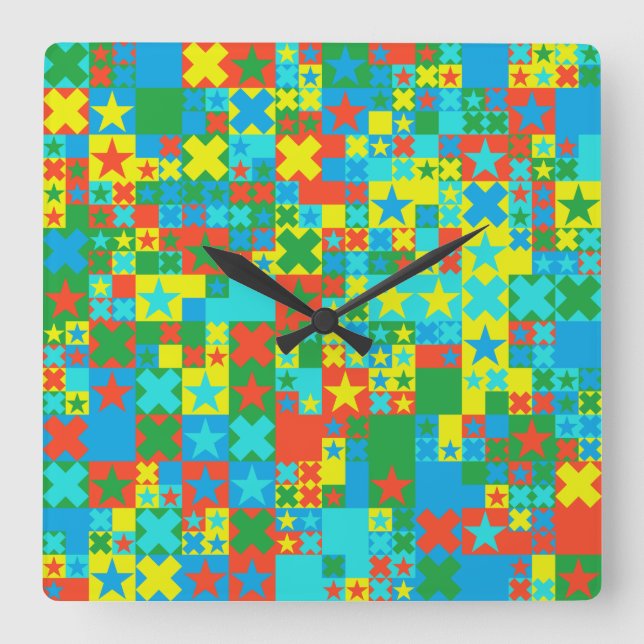 Horloge Carrée Étoiles et croix colorées (Recto)