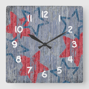 Horloge Carrée Étoiles patriotiques rouges et bleues - Barnboard