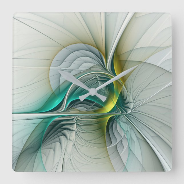 Horloge Carrée Évolution fractale, Art Abstrait Turquoise d'or (Recto)