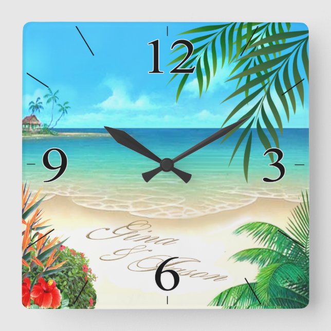 Horloge Carrée Exotic Beach DEMANDEZ-MOI DE TIRER VOS NOMS DANS L (Recto)