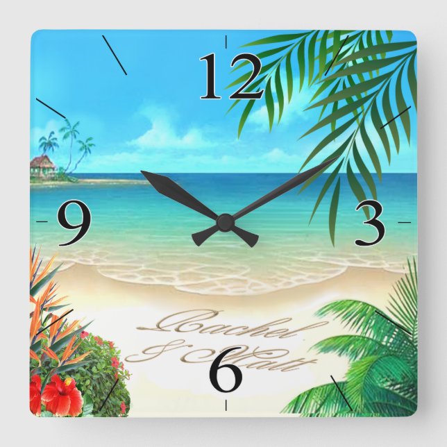 Horloge Carrée Exotic Beach DEMANDEZ-MOI DE TIRER VOS NOMS DANS L (Recto)