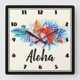 Horloge Carrée Exotic Tropical Flowers - Pink & Aquamarines