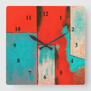 Horloge Carrée Expressioniste abstrait Art Painting Red Turquoise