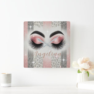 Horloge Carrée Eyelashes de Parties scintillant rose Glam
