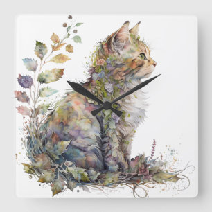 HORLOGE CARRÉE FACE DE CHAT EN COULEUR D'EAU ET JOLIES FLEURS
