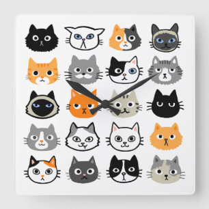 Horloge Carrée Faces de chat   Chats mignons, amusants et ennuyeu