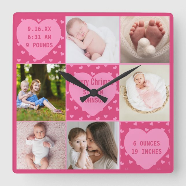 Horloge Carrée Faire-part de naissance de Bébé Fille rose moderne (Recto)