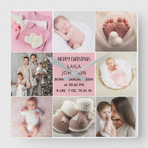 Horloge Carrée Faire-part de naissance Personnaliser 8 Photo de n