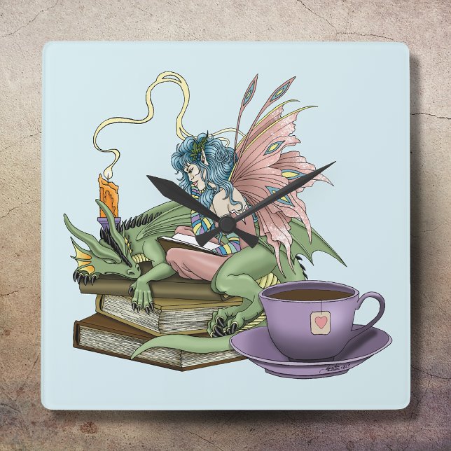 Horloge Carrée Fairy Dragon Books Tea Friendship  (Créateur téléchargé)