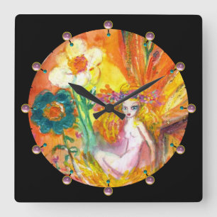 Horloge Carrée FAIRY OF THE FLOWERS Yellow Black Imaginaire