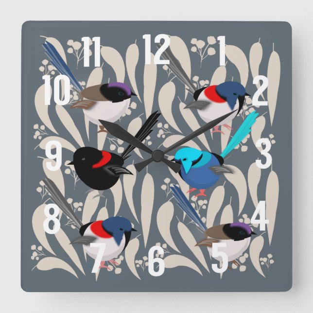 Horloge Carrée Fairy Wrens (Recto)