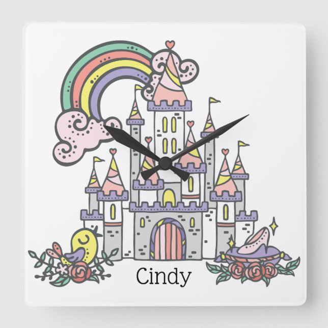 Horloge Carrée Fairytale Castle Princess Nom personnalisé (Recto)