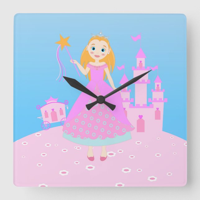Horloge Carrée Fairytale Princess à Pink Birthaday (Recto)