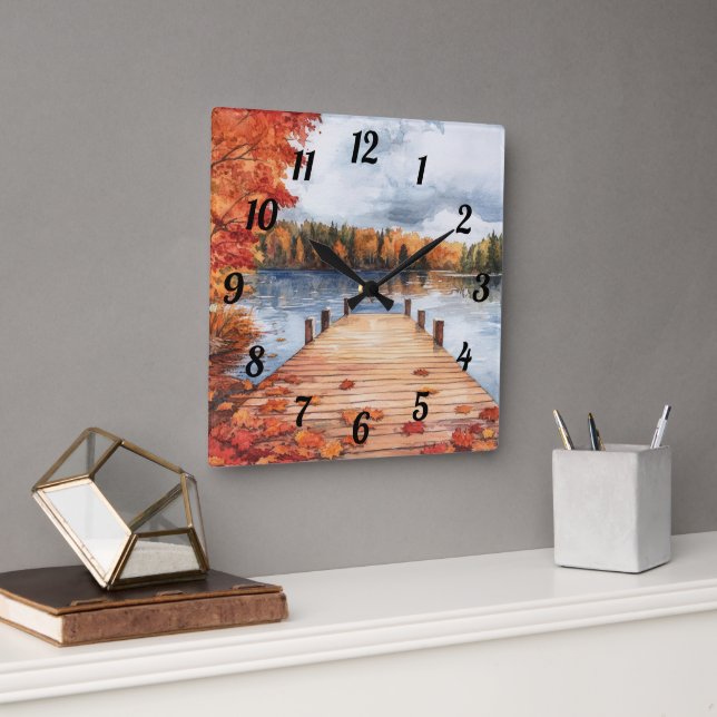 Horloge Carrée Fall Autumn Nature Lake Trees Landscape Painting (Bureau)