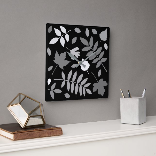 Horloge Carrée Fallen Feuille Design Gris Blanc Noir (Bureau)