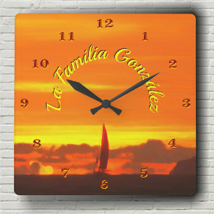 Horloge Carrée Familia Voilier Coucher de soleil 1300