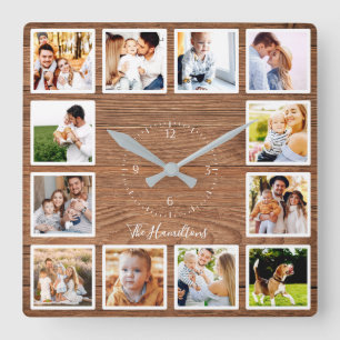 Horloge Carrée Famille 12 Photos Collage Agritourisme Bois rustiq