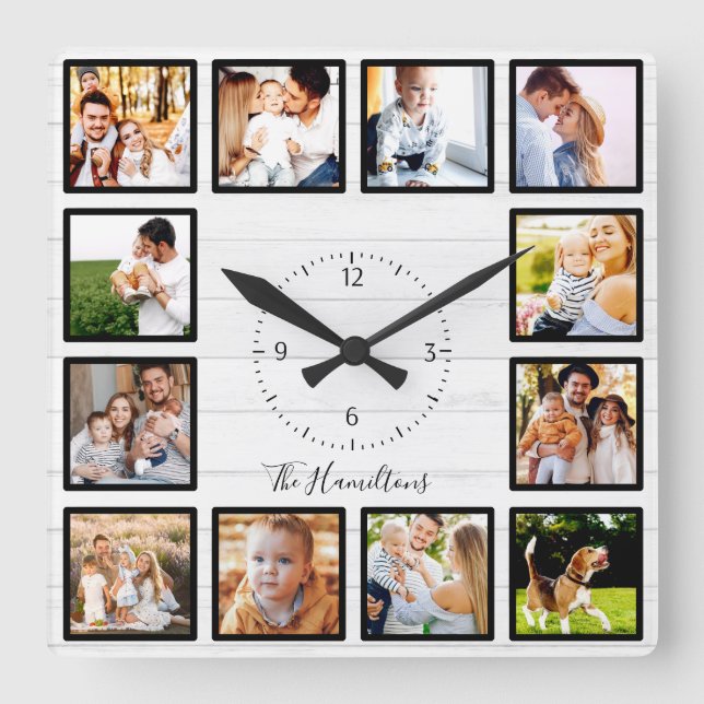 Horloge Carrée Famille 12 Photos Collage Bois blanc (Recto)