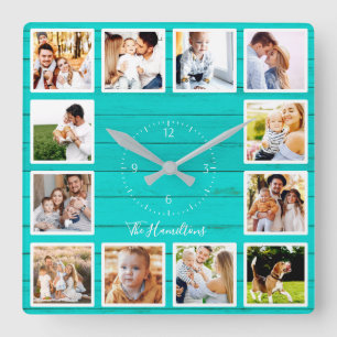 Horloge Carrée Famille 12 Photos Collage Bois Turquoise