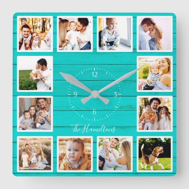 Horloge Carrée Famille 12 Photos Collage Bois Turquoise (Recto)