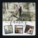 Horloge Carrée Famille 4 photo collage personnalisé<br><div class="desc">Personnalisé par vous - 4 photo collage modèle avec détails typographiques - horloge murale à thème familial de Ricaso</div>