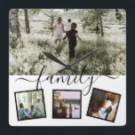 Horloge Carrée Famille 4 photo collage personnalisé<br><div class="desc">Personnalisé par vous - 4 photo collage modèle avec détails typographiques - horloge murale à thème familial de Ricaso</div>