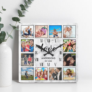 Horloge Carrée Famille customisée Photo Collage Love Script Marbr