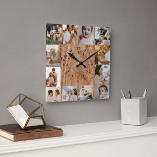 Horloge Carrée Famille de collage photo personnalisé rustique